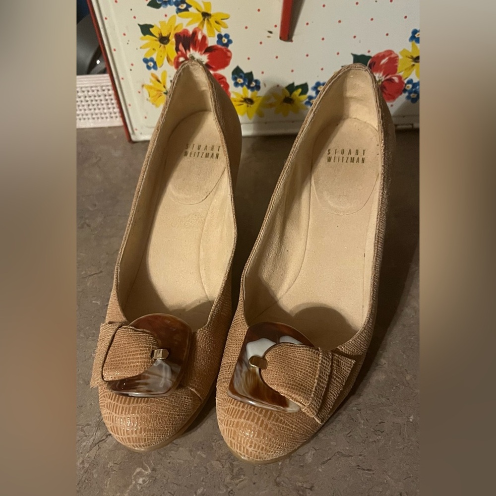 Stuart Weitzman Tan Beige Women Lizard Leather Wedge shoes sz 8.5 - Picture 2 of 13